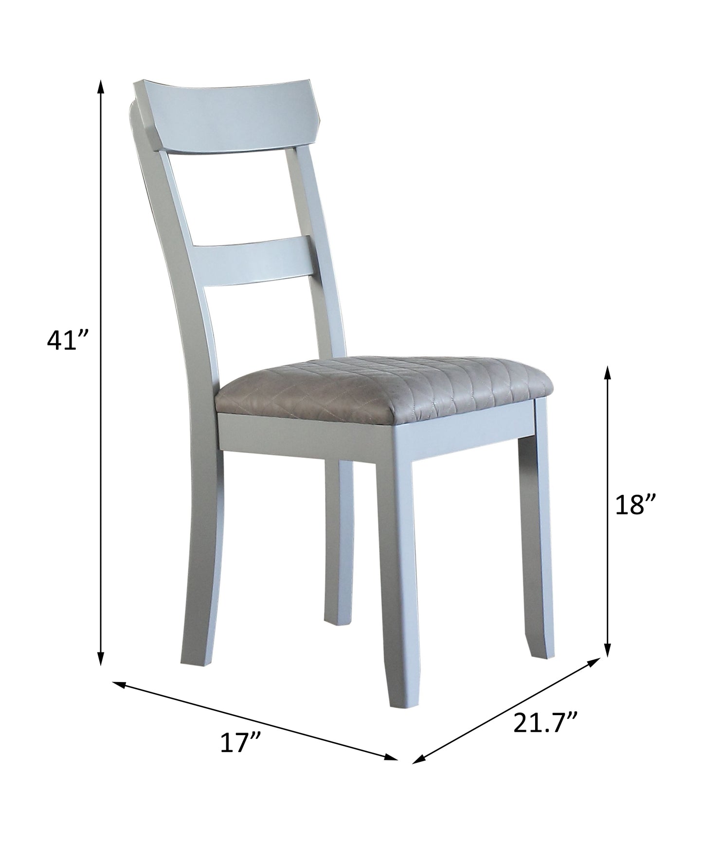 Light blue wooden dining chair with quilted gray seat cushion