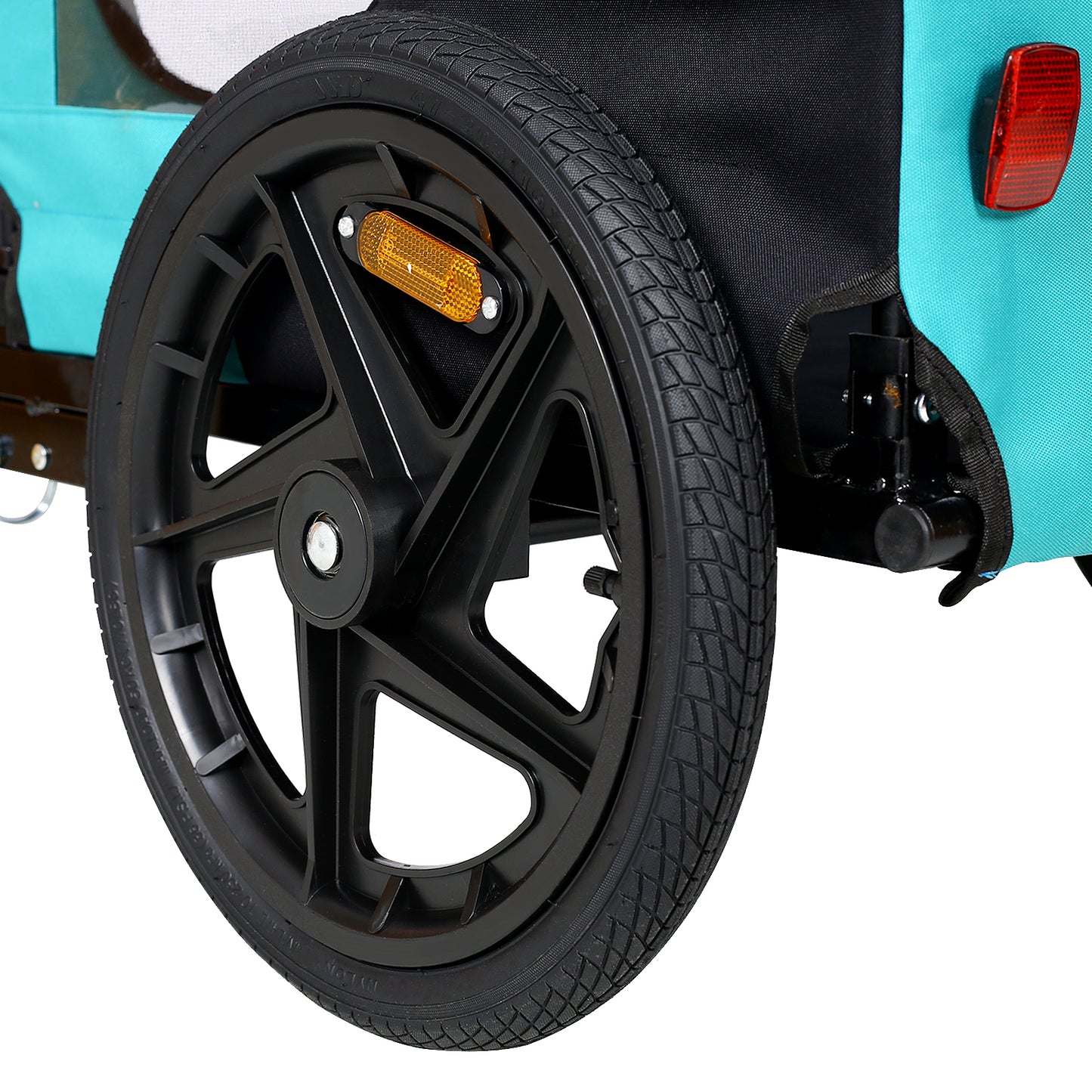 Turquoise child trailer wheel with black plastic rim and orange reflector