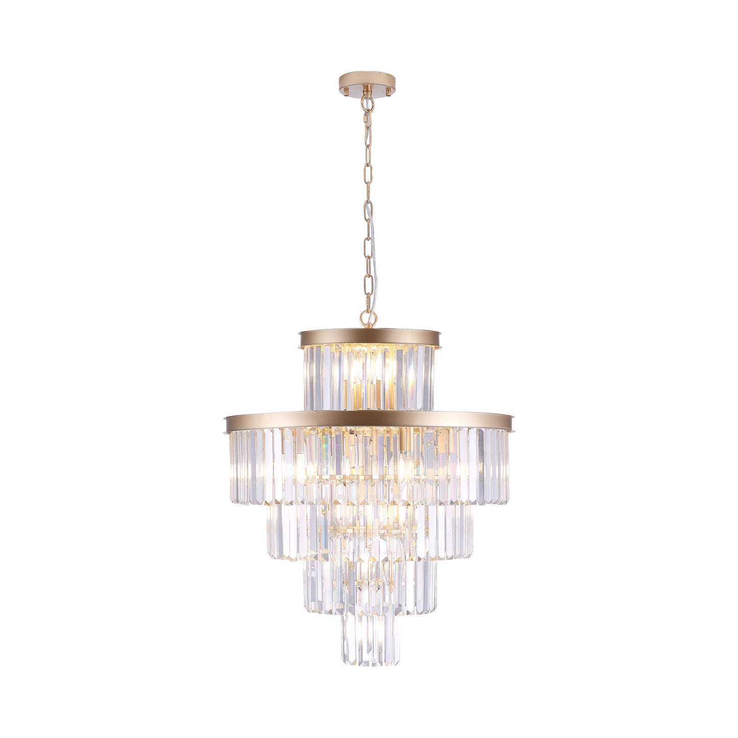 Gilded metal twotier chandelier with clear crystal rods and elegant chain suspension