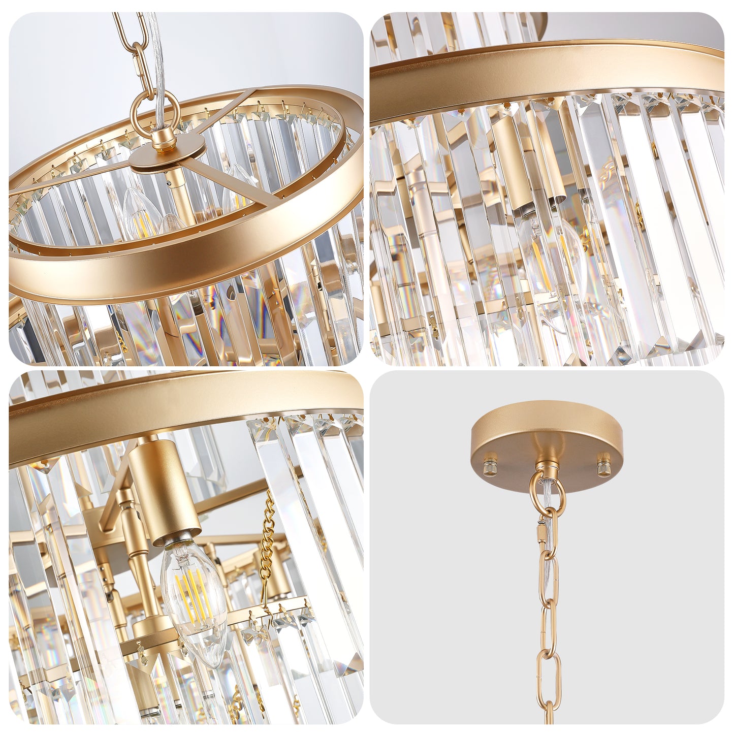 Gold metal chandelier frame with clear crystal accents and Edison bulbs
