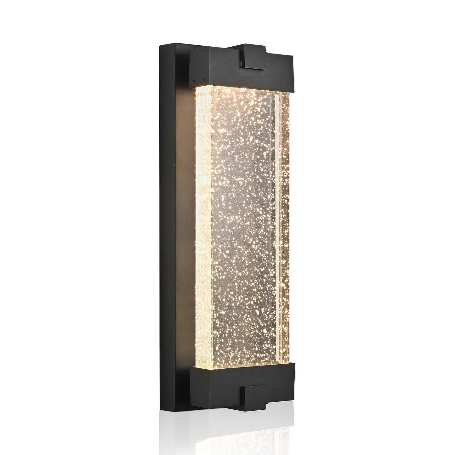 Modern black outdoor wall light with clear bubble glass cylinder and warm LED glow