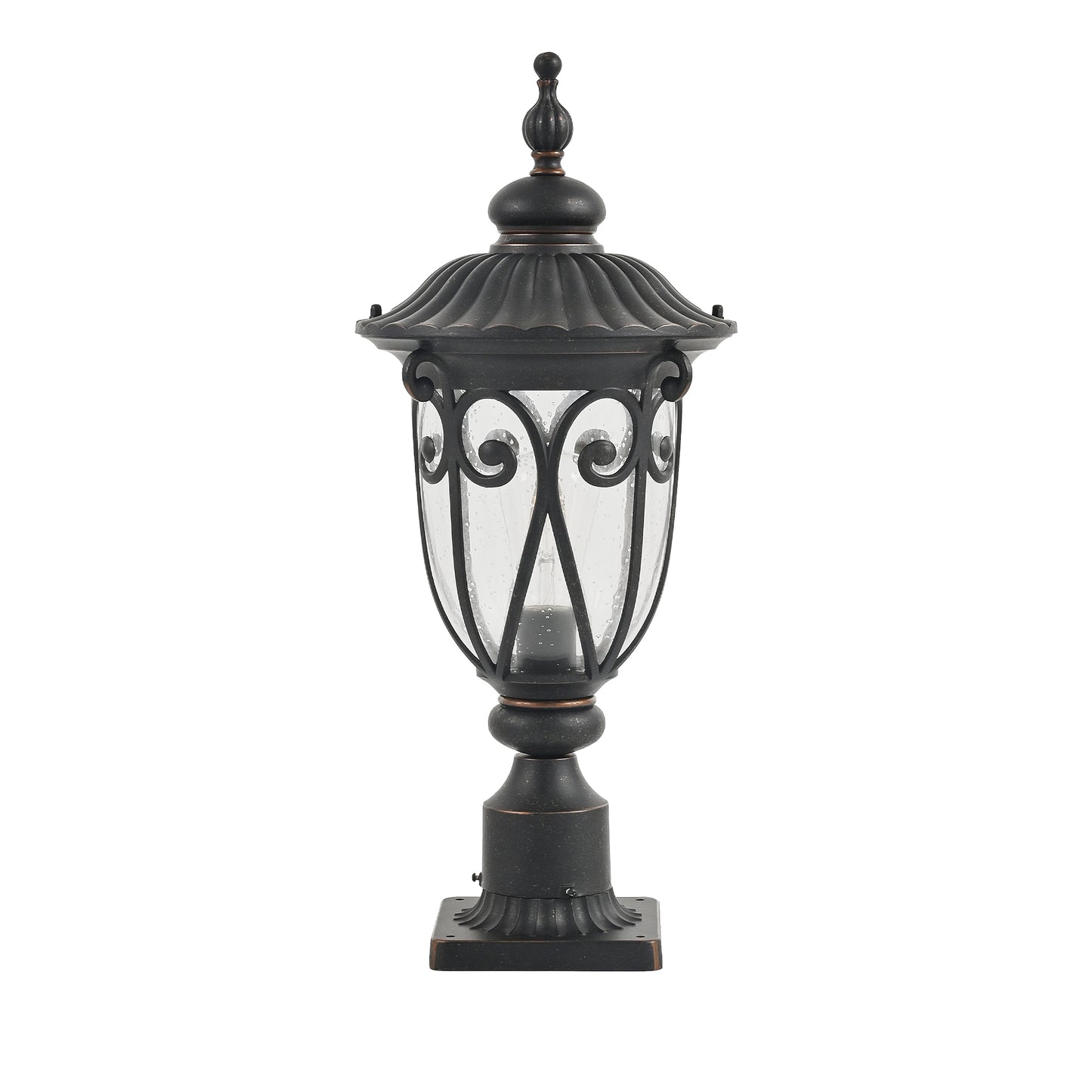 Ornate black post lantern with seeded glass and classic scrolled metalwork