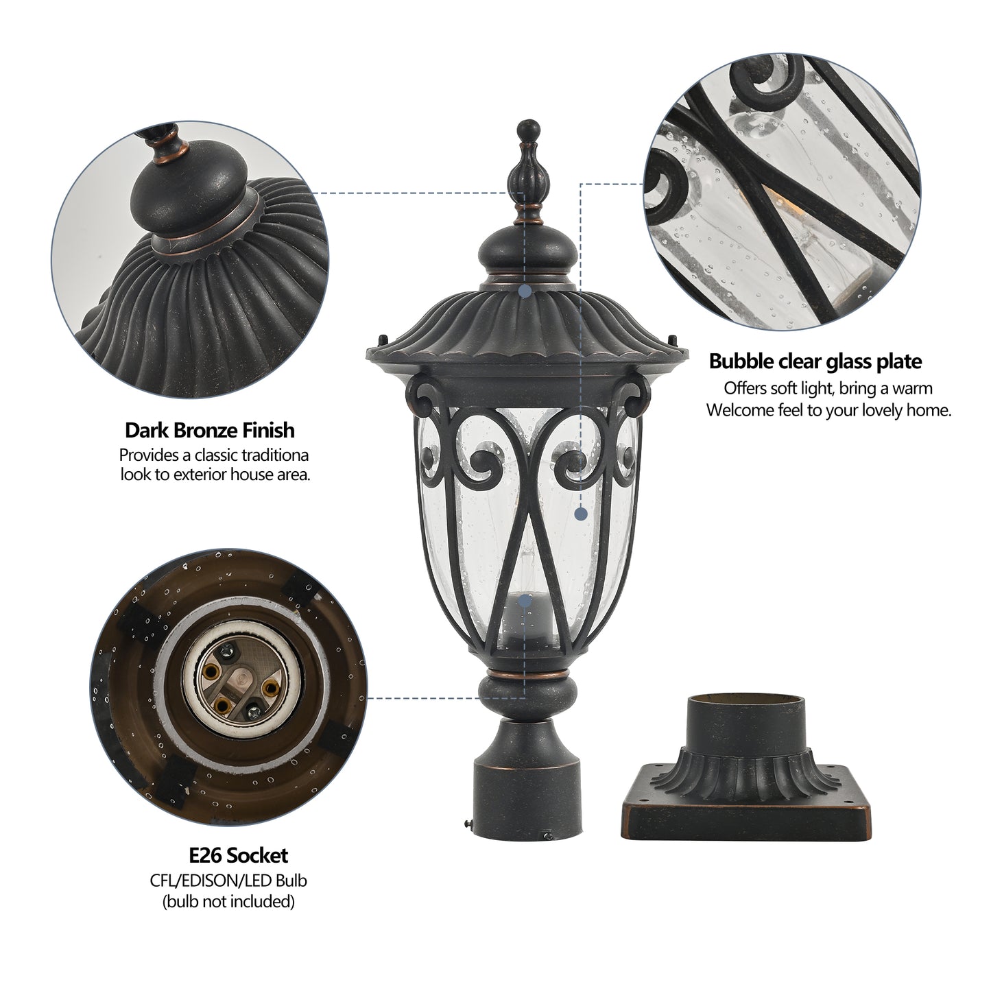 Dark bronze outdoor post lamp with bubble glass and ornate scrollwork detail