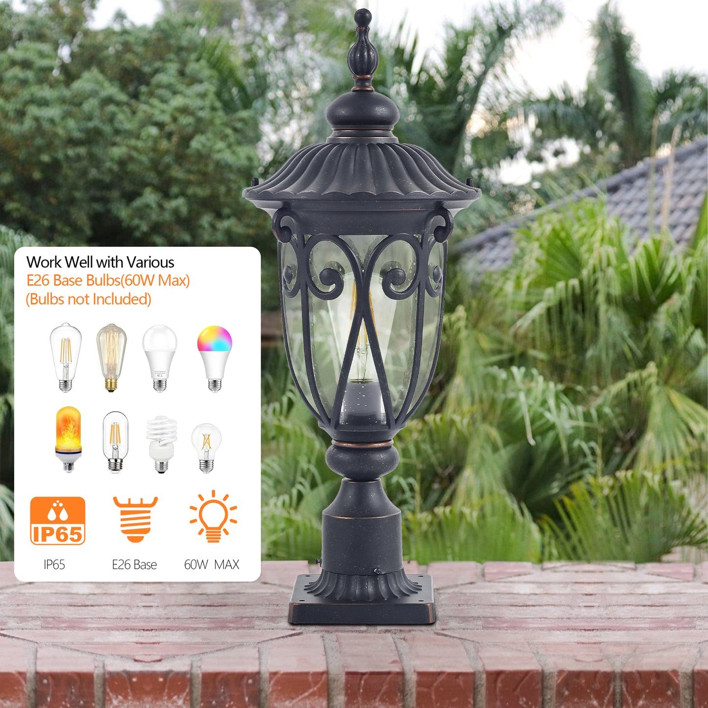 Ornate black post light with clear glass panels and traditional detailing for outdoor lighting