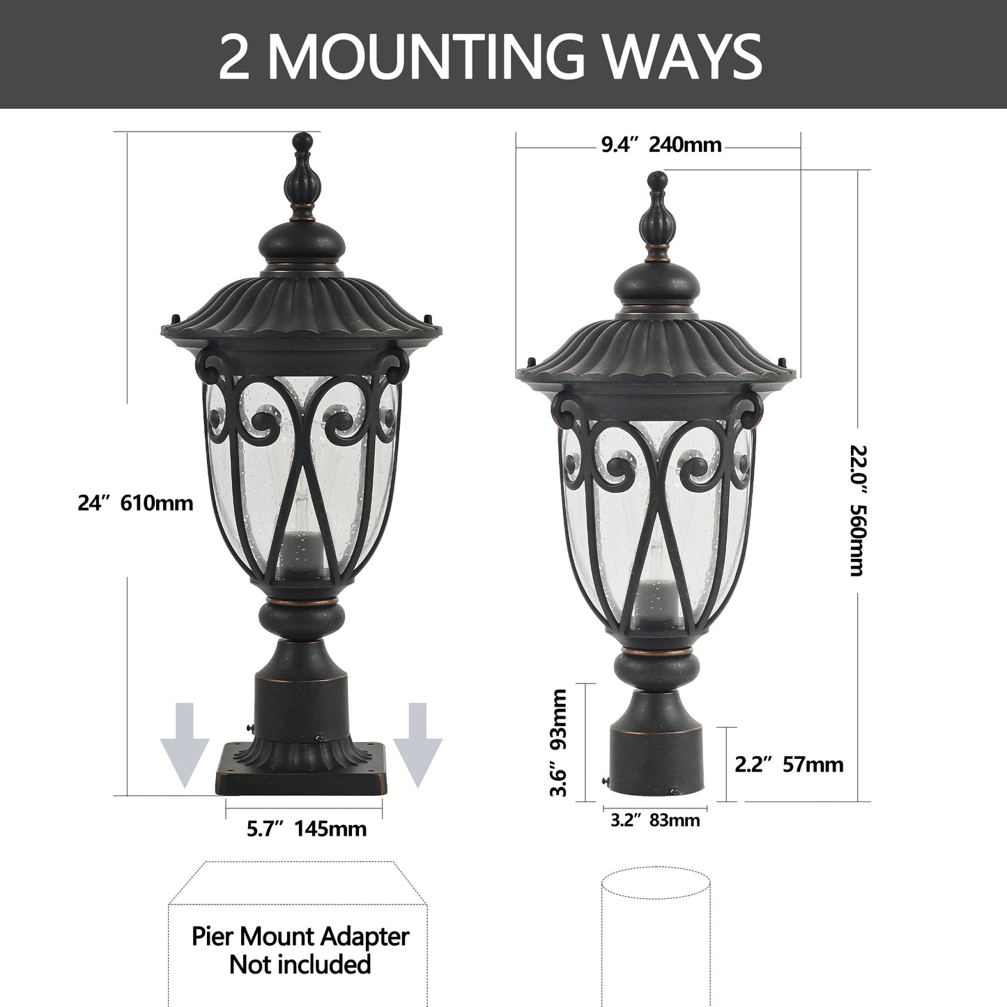Classic black post lantern with seeded glass height for outdoor lighting