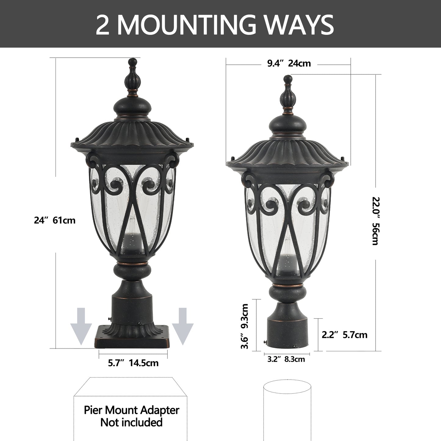 Classic black outdoor post light with seeded glass ideal for entryways