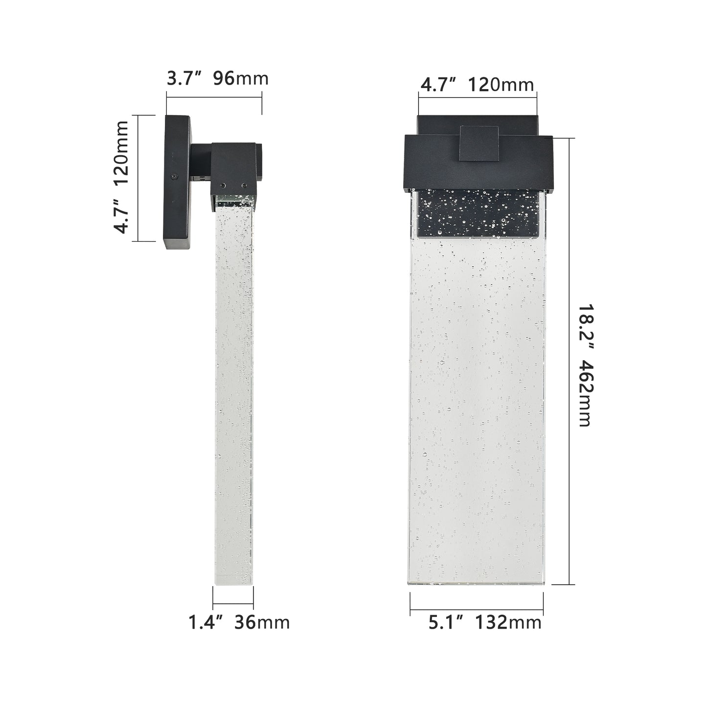 Modern black outdoor wall light with clear bubble glass dimensions shown