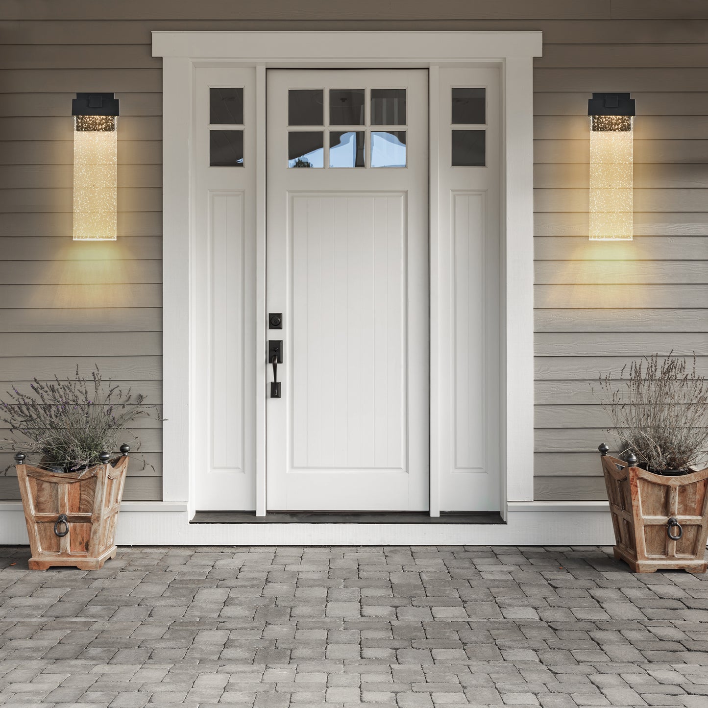 Modern rectangular outdoor wall light with textured glass and warm LED glow