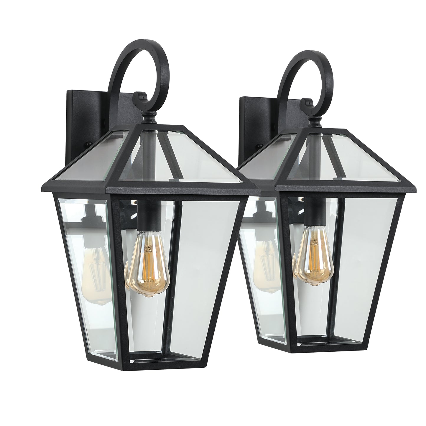 Pair of black metal outdoor wall lanterns with clear glass panes and Edison bulbs