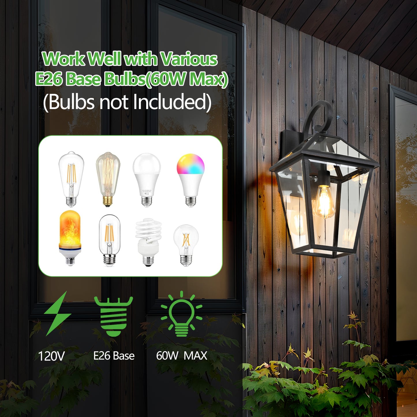 Black lantern outdoor light fixture with clear glass panels and an E base bulb