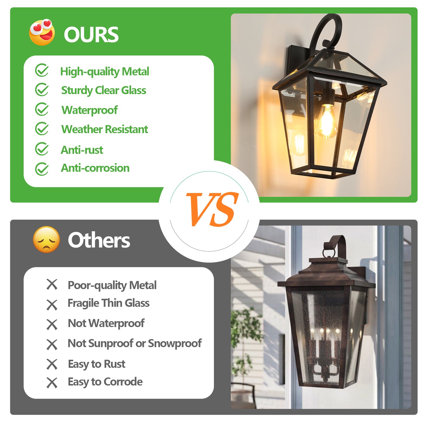 Black metal outdoor wall lantern with clear glass panels and a single bulb