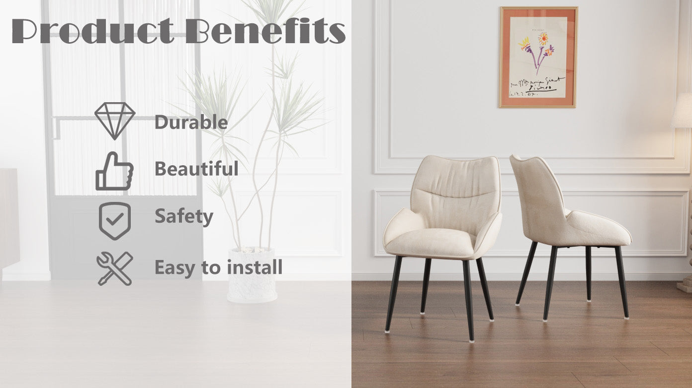 Pair of upholstered dining chairs in beige fabric with black metal legs perfect for modern kitchens