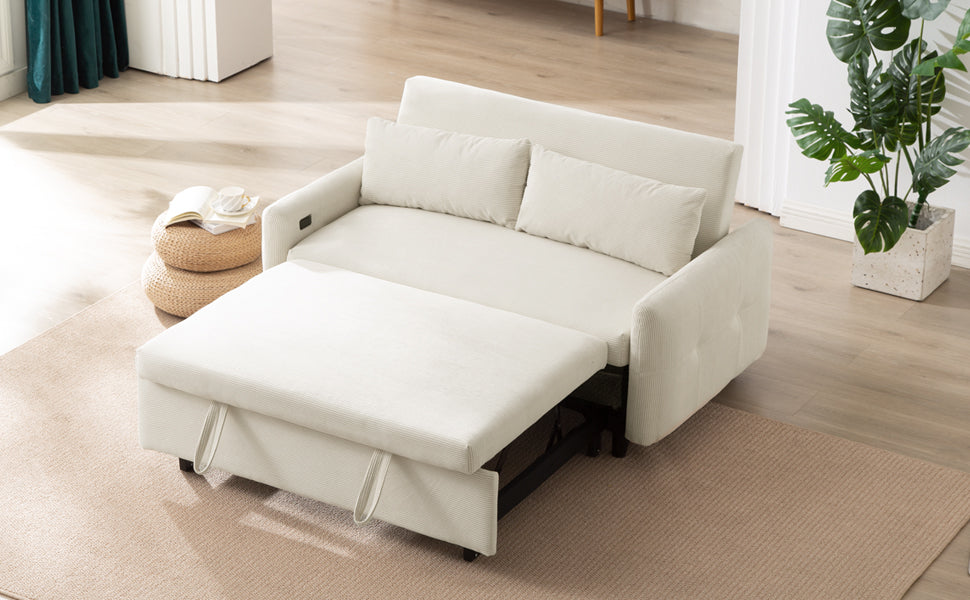 Cream corduroy sofa bed pulled out with two cushions