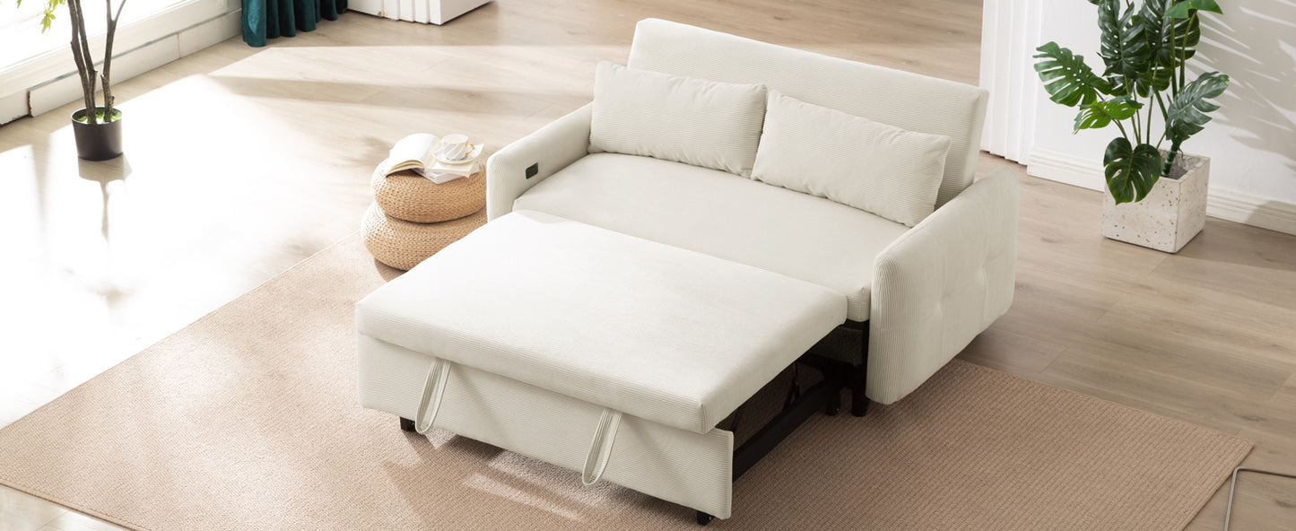 Cream corduroy convertible sleeper sofa with pullout ottoman and matching cushions
