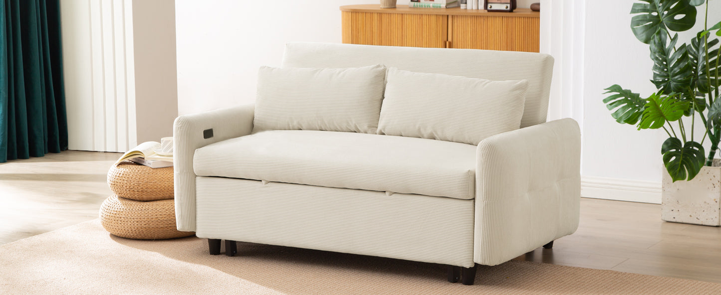 Cream corduroy sofa bed with two throw pillows and storage ideal for small apartments
