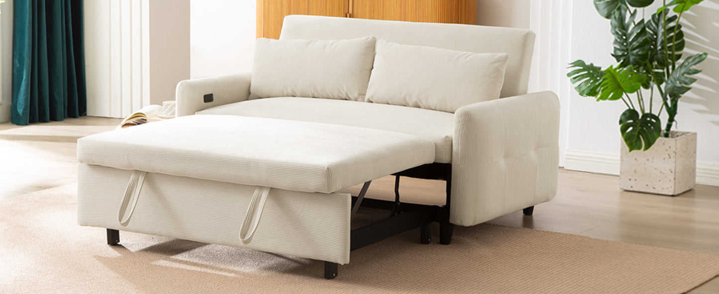 Cream corduroy sofa bed with pullout ottoman perfect for small apartments