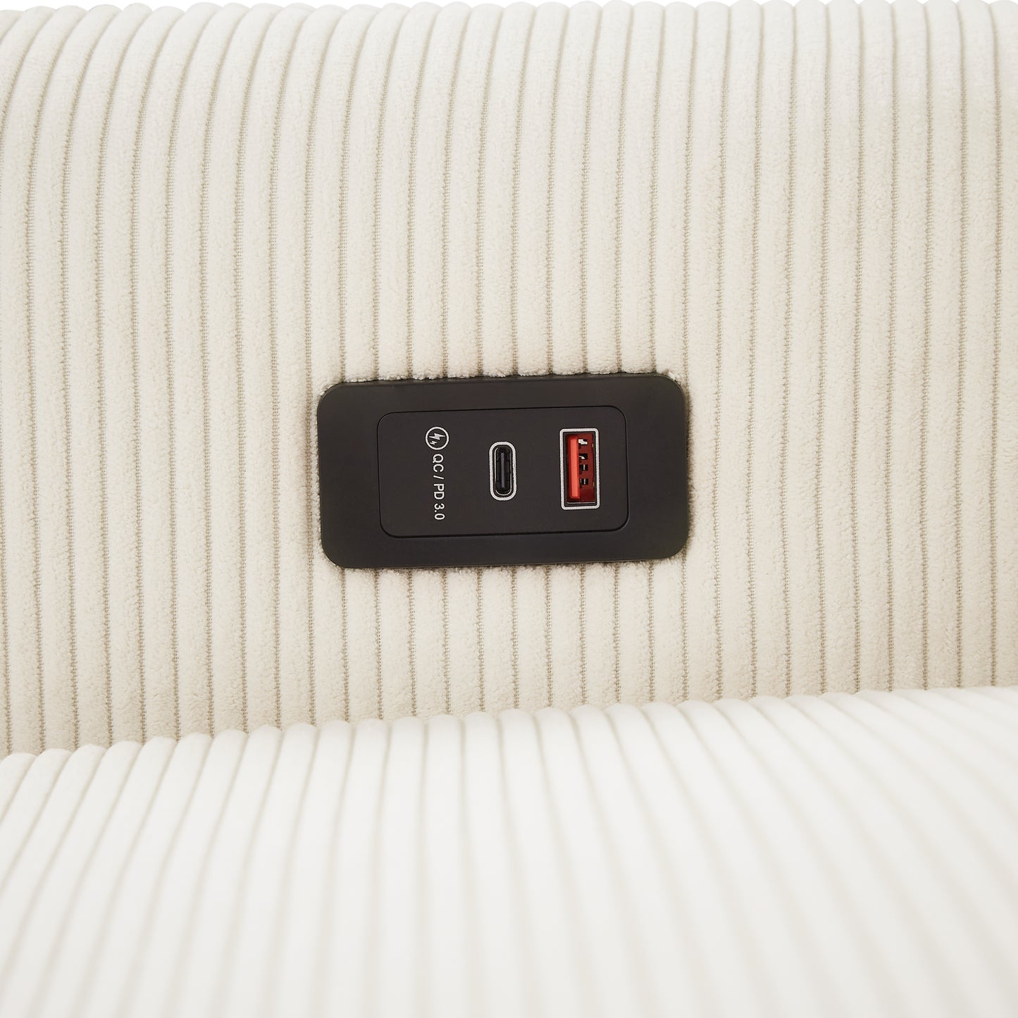 Cream corduroy chair with integrated USBC and USBA charging port