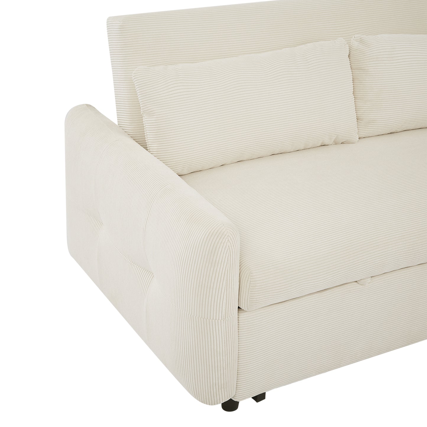 Closeup of a beige corduroy sofa with tufted armrest and plush throw pillows