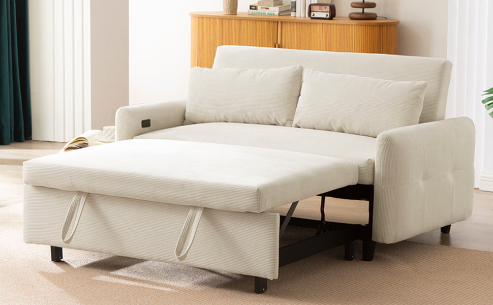 Cream corduroy convertible sofa bed with pullout ottoman ideal for small spaces