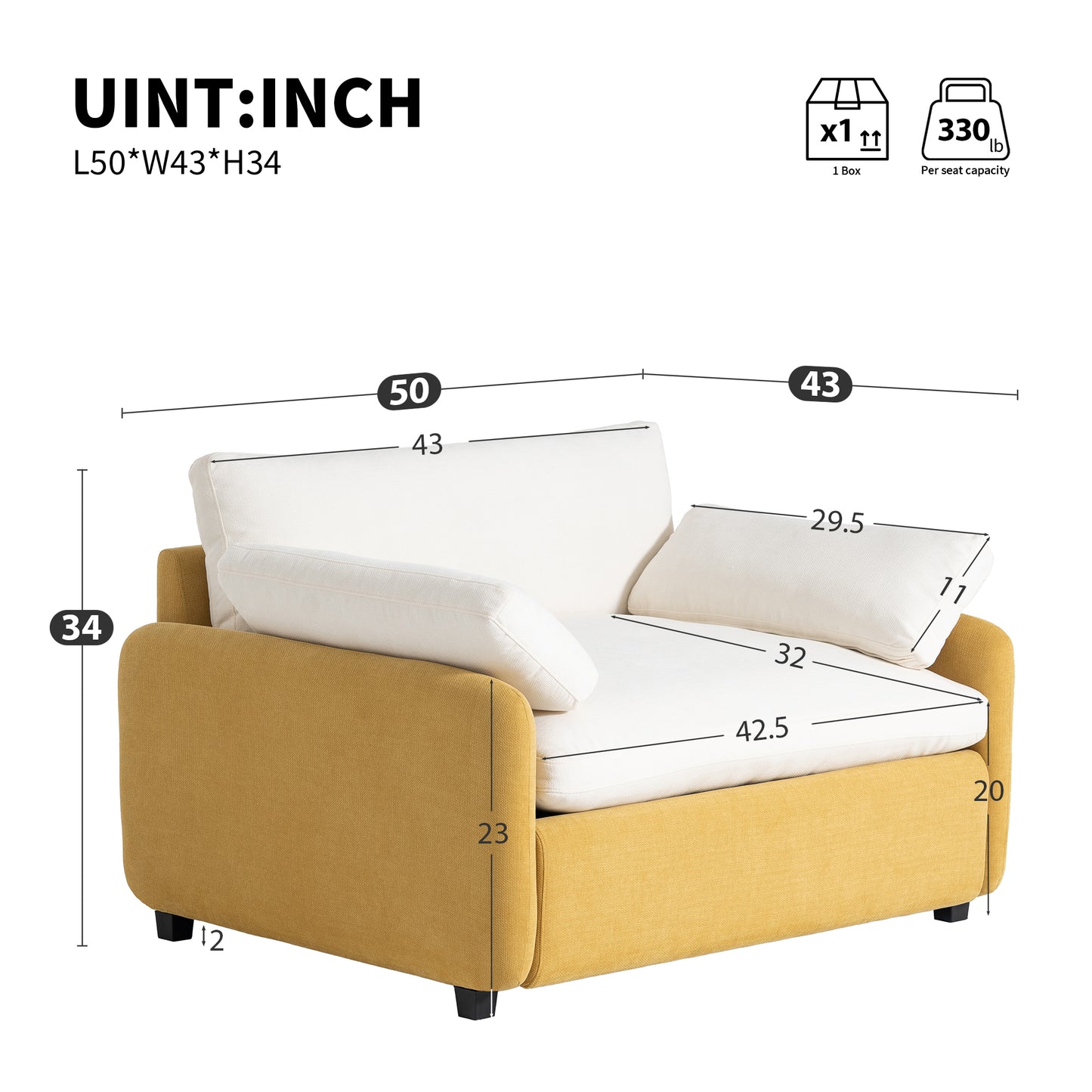 Yellow upholstered armchair with white cushions L W H