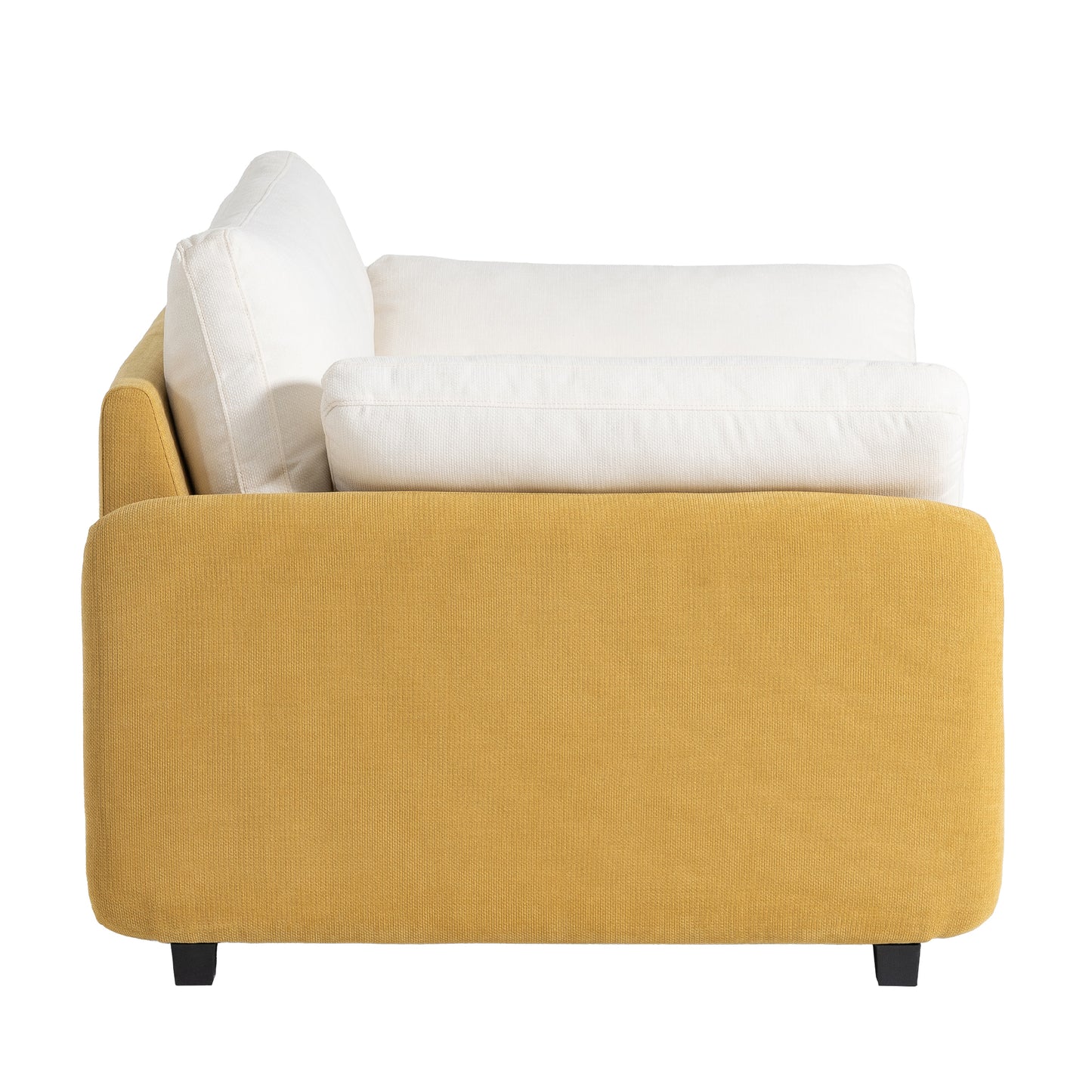 Modern mustard yellow fabric sofa with plush white cushions a stylish accent piece
