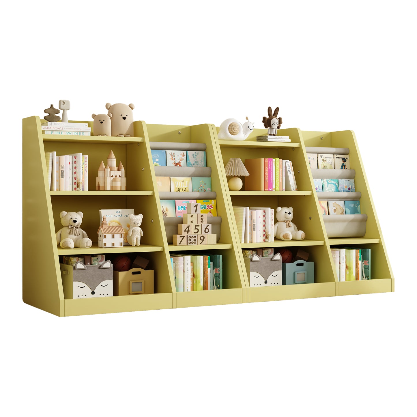 Childrens yellow wooden bookshelf with toys books and storage bins