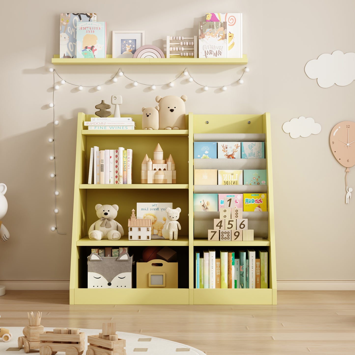 Yellow toddler bookshelf with books toys and stuffed animals for kids