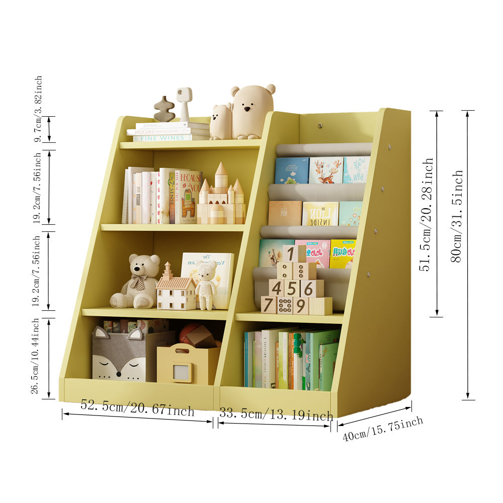 Yellow tiered bookshelf with books toys and storage bins for kids