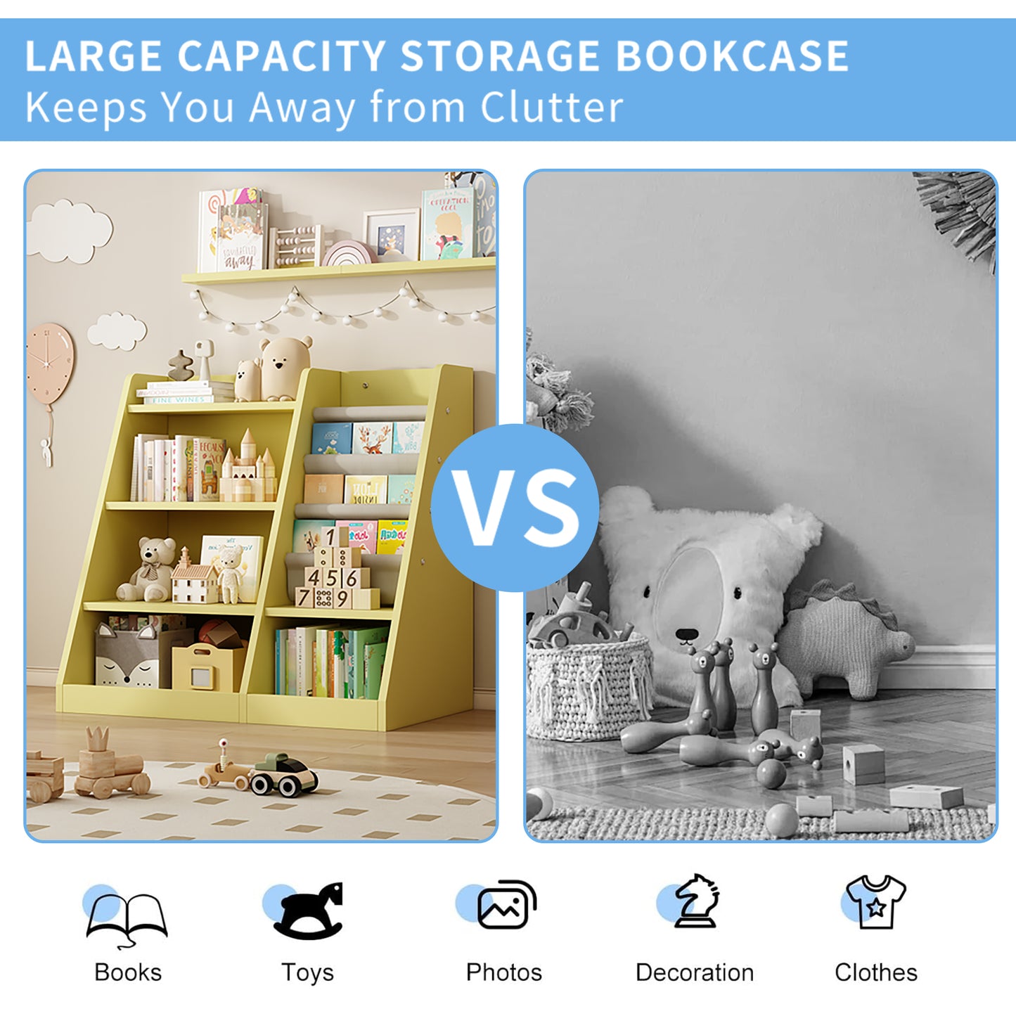 Yellow childrens bookcase with slanted shelves organizing books and toys for a playroom