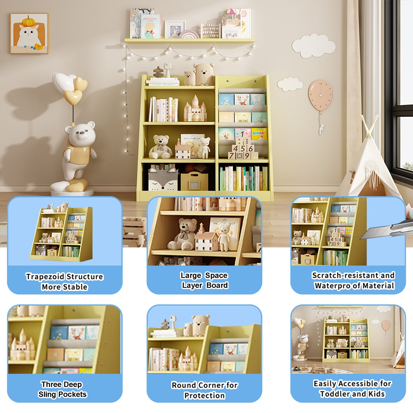 Yellow childrens bookshelf with trapezoid structure maximizing stability and storage space
