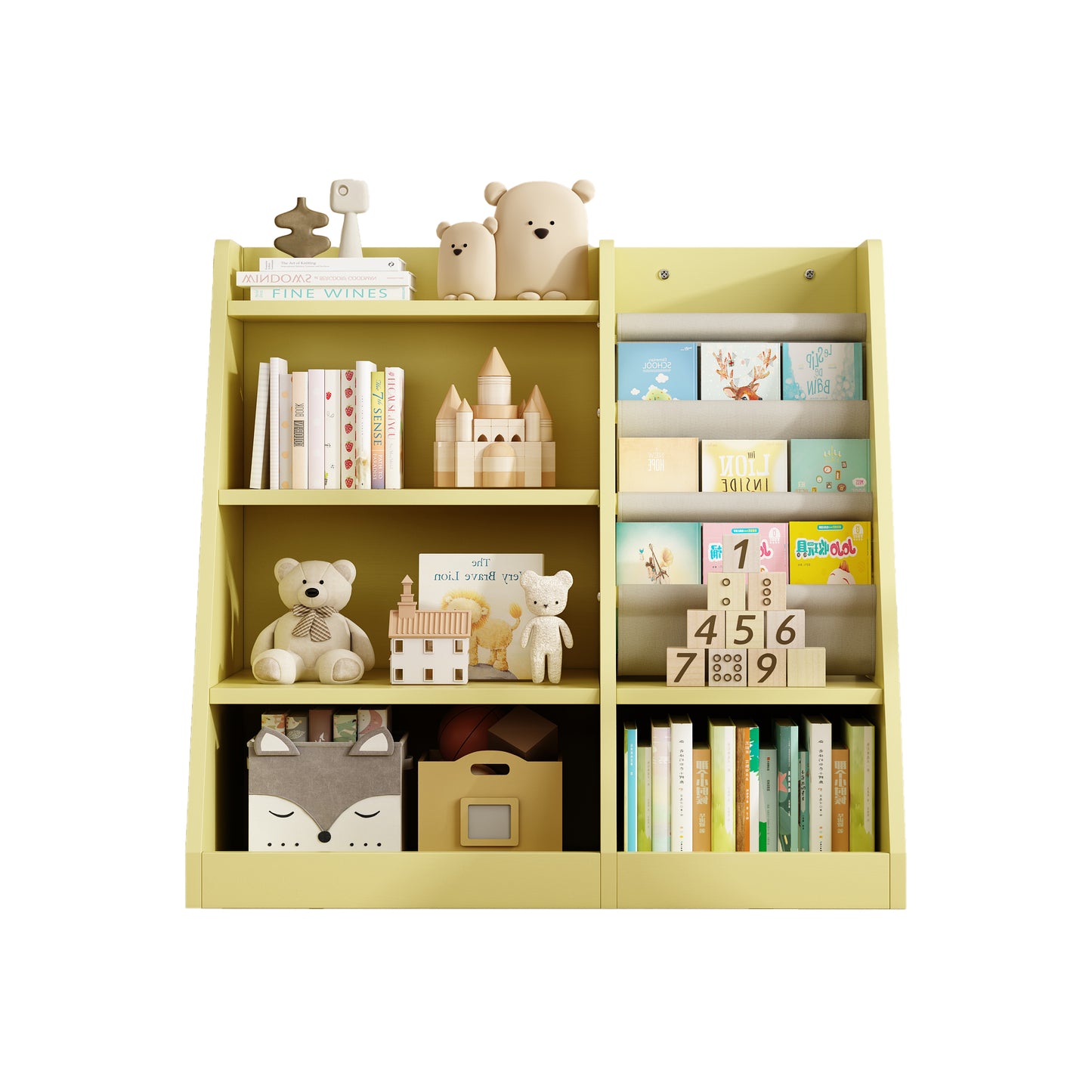 Yellow wooden bookshelf filled with childrens books toys and decorative items for a nursery
