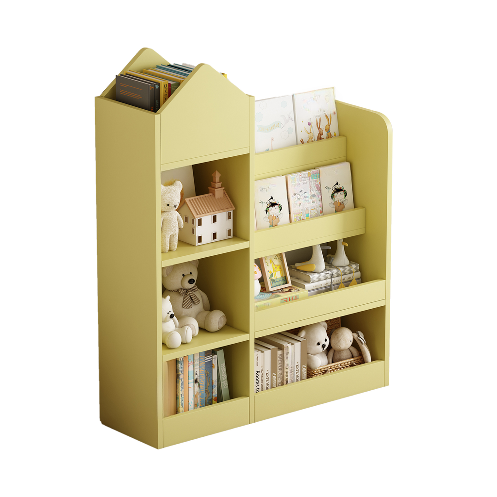 Yellow Montessori bookshelf with childrens books and toys