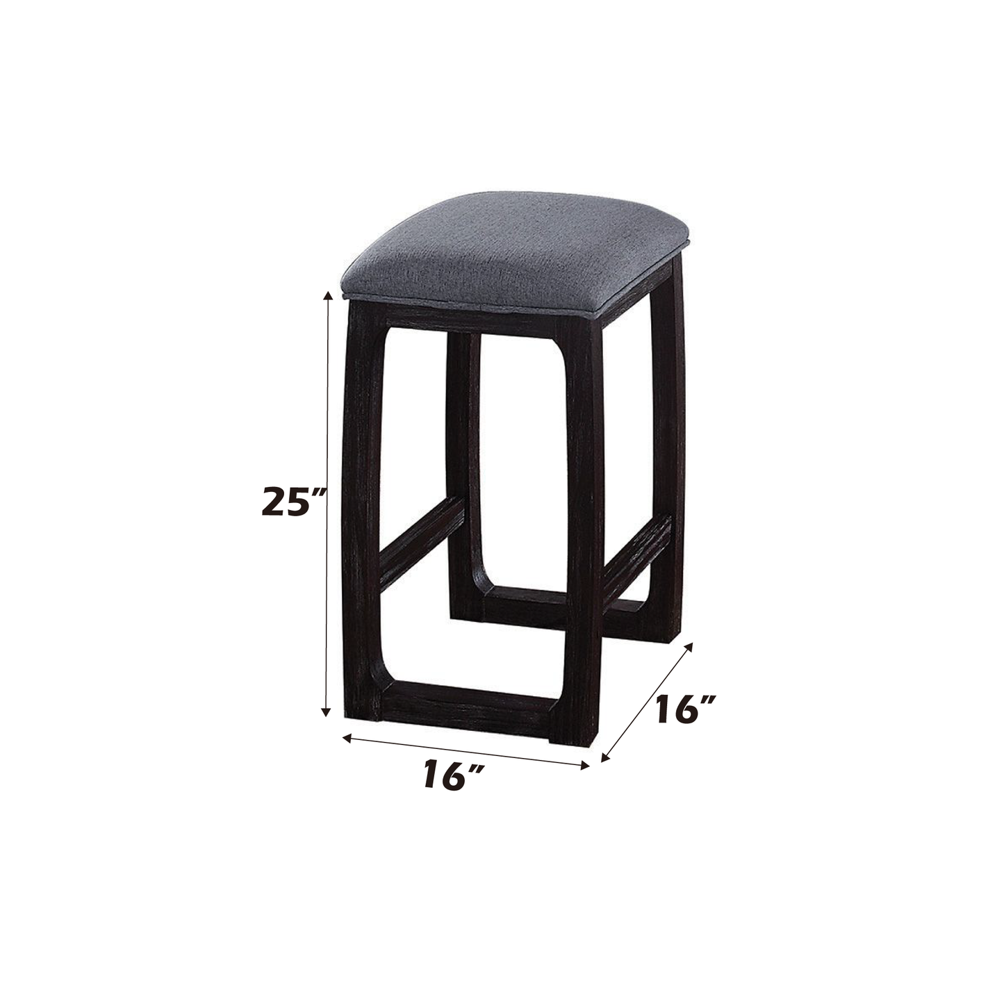 Dark wood bar stool with grey upholstered seat