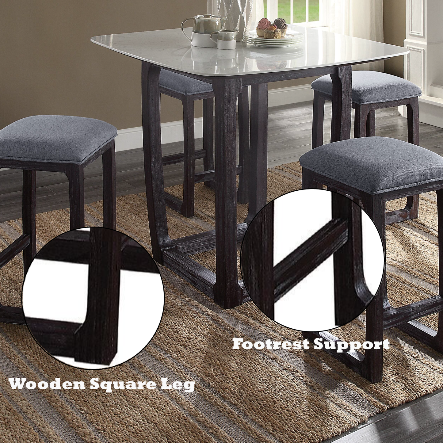 Dark wood counter height stool with gray upholstered seat