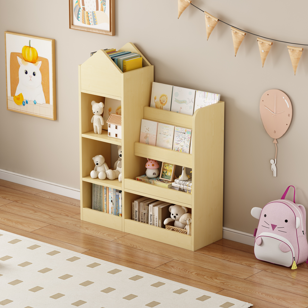 Light wood houseshaped childrens bookshelf with books and toys