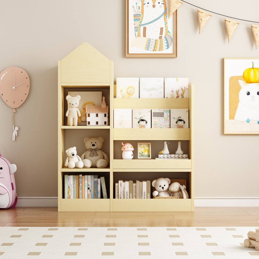 Light wood childrens bookshelf with plush bears and books