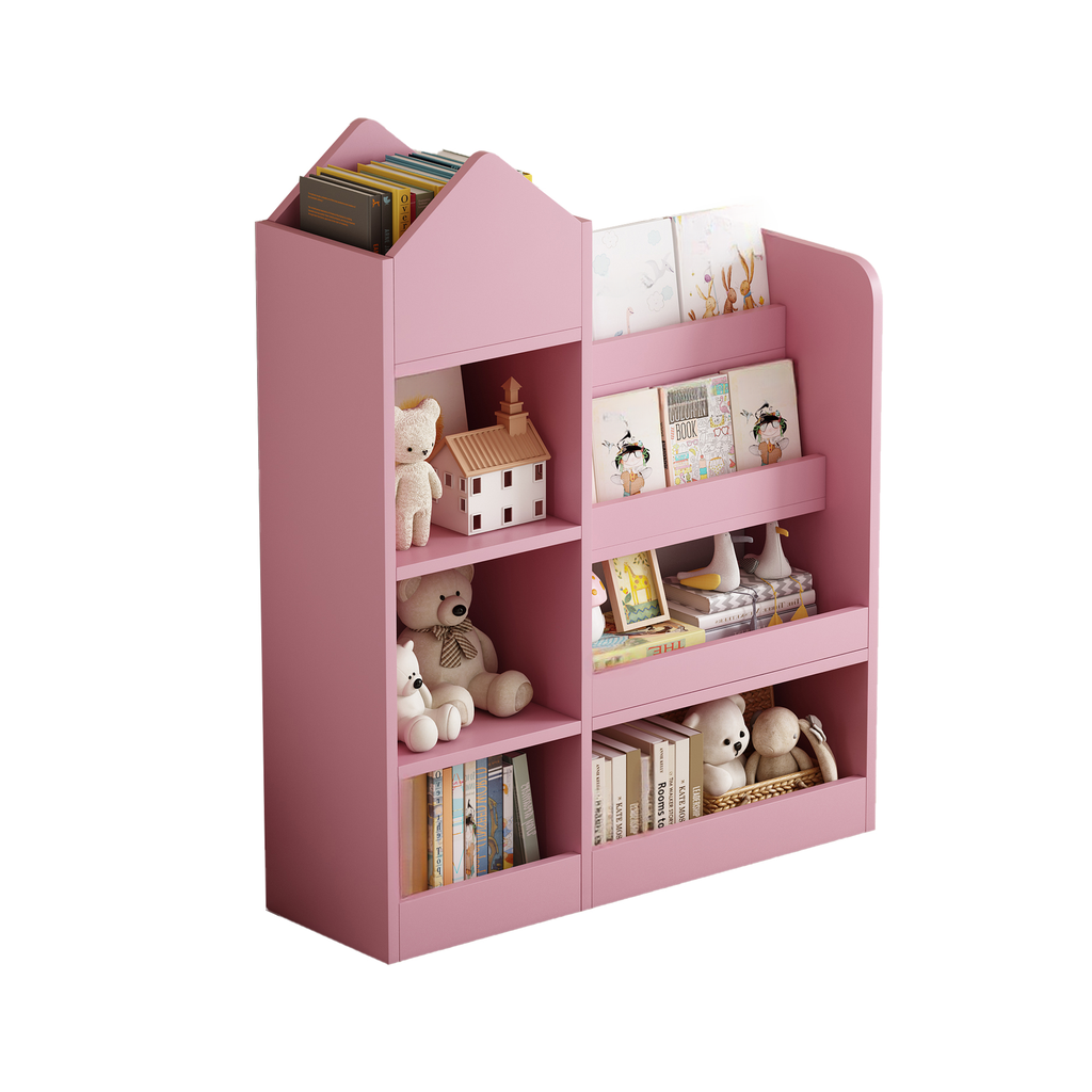 Pink kids bookshelf with tiered shelves displaying books and stuffed animals