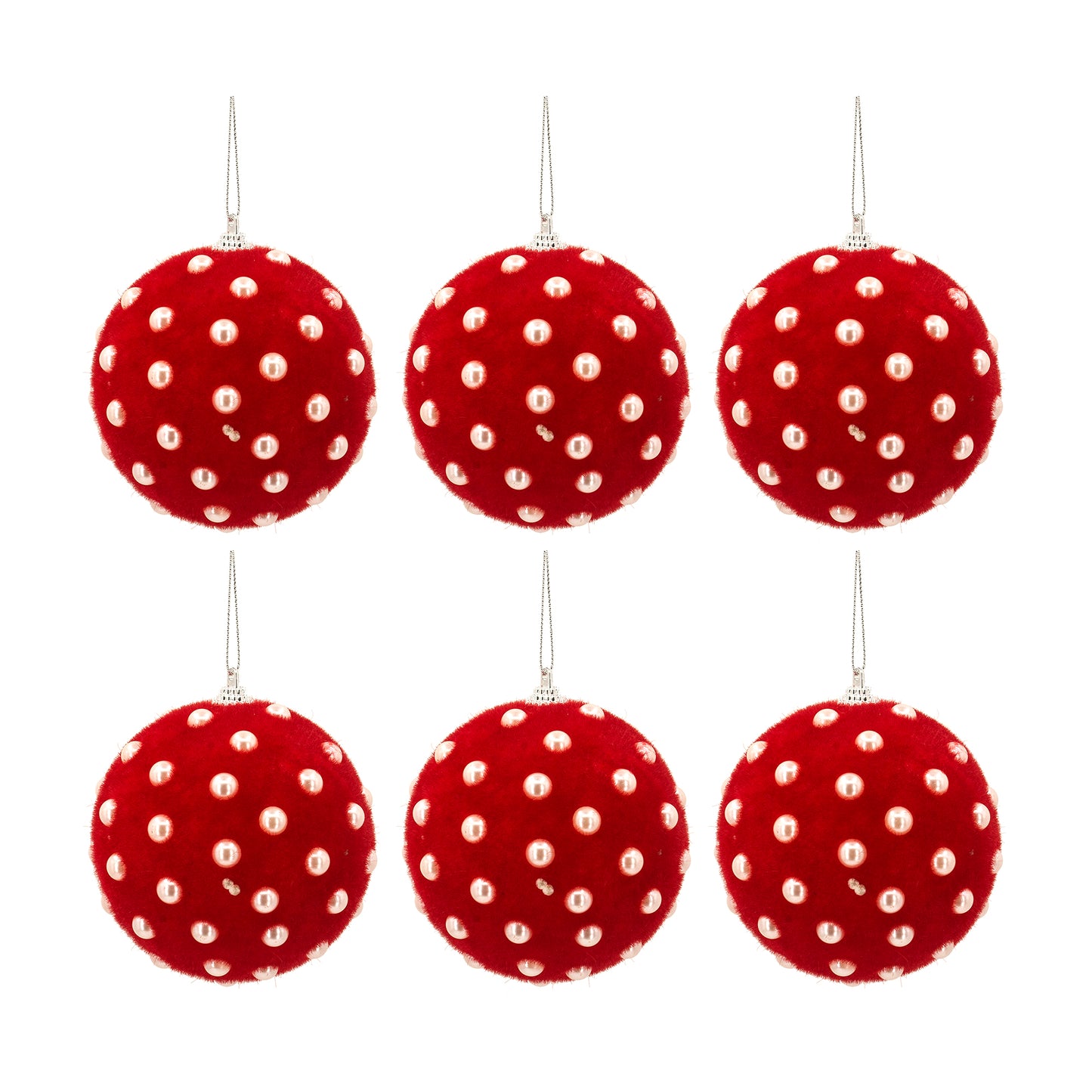 Red plush Christmas ornaments with pearl accents set of for festive decor