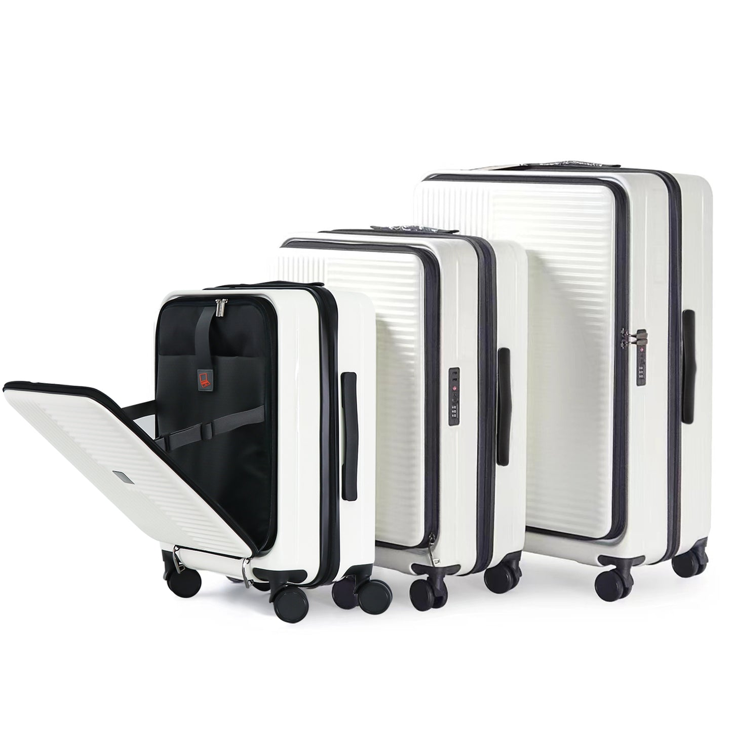 Set of three white hardside luggage pieces with TSA locks and spinner wheels