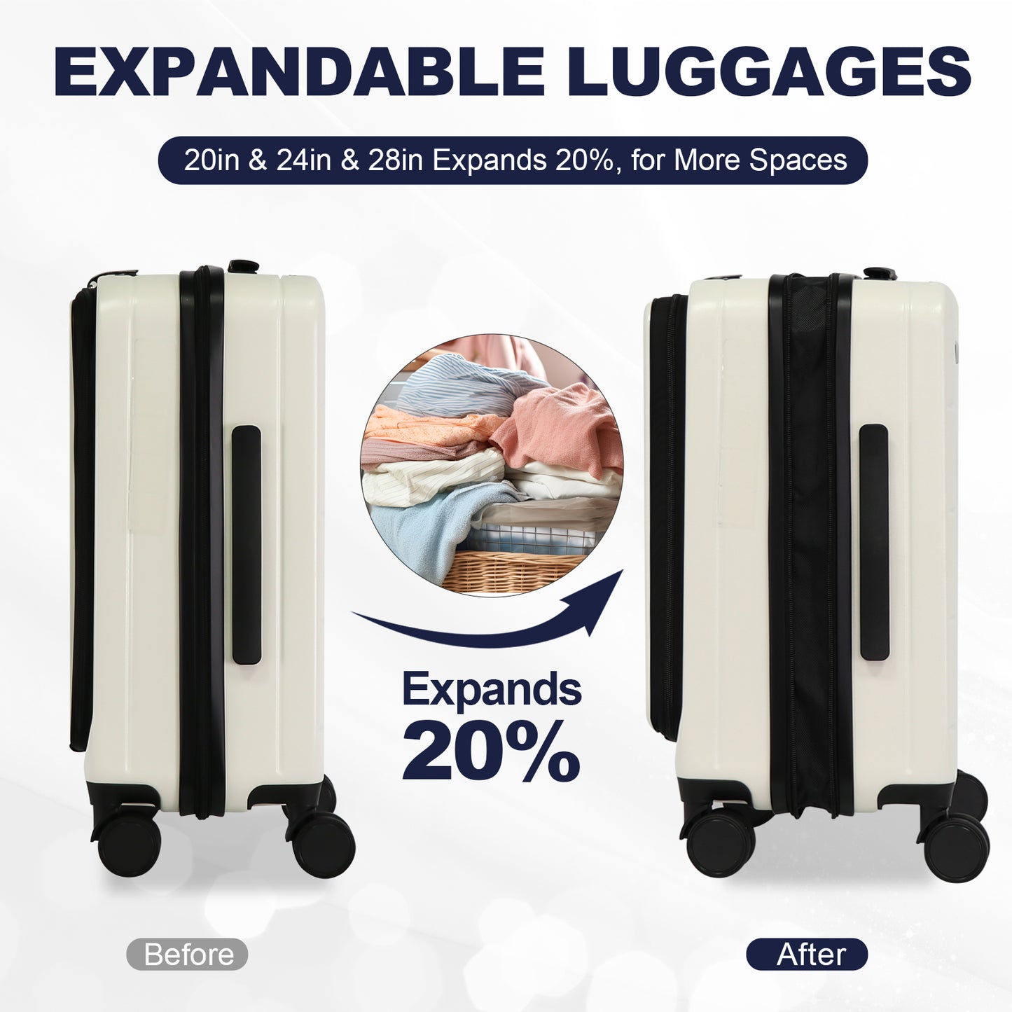 Cream expandable luggage case shown before expansion