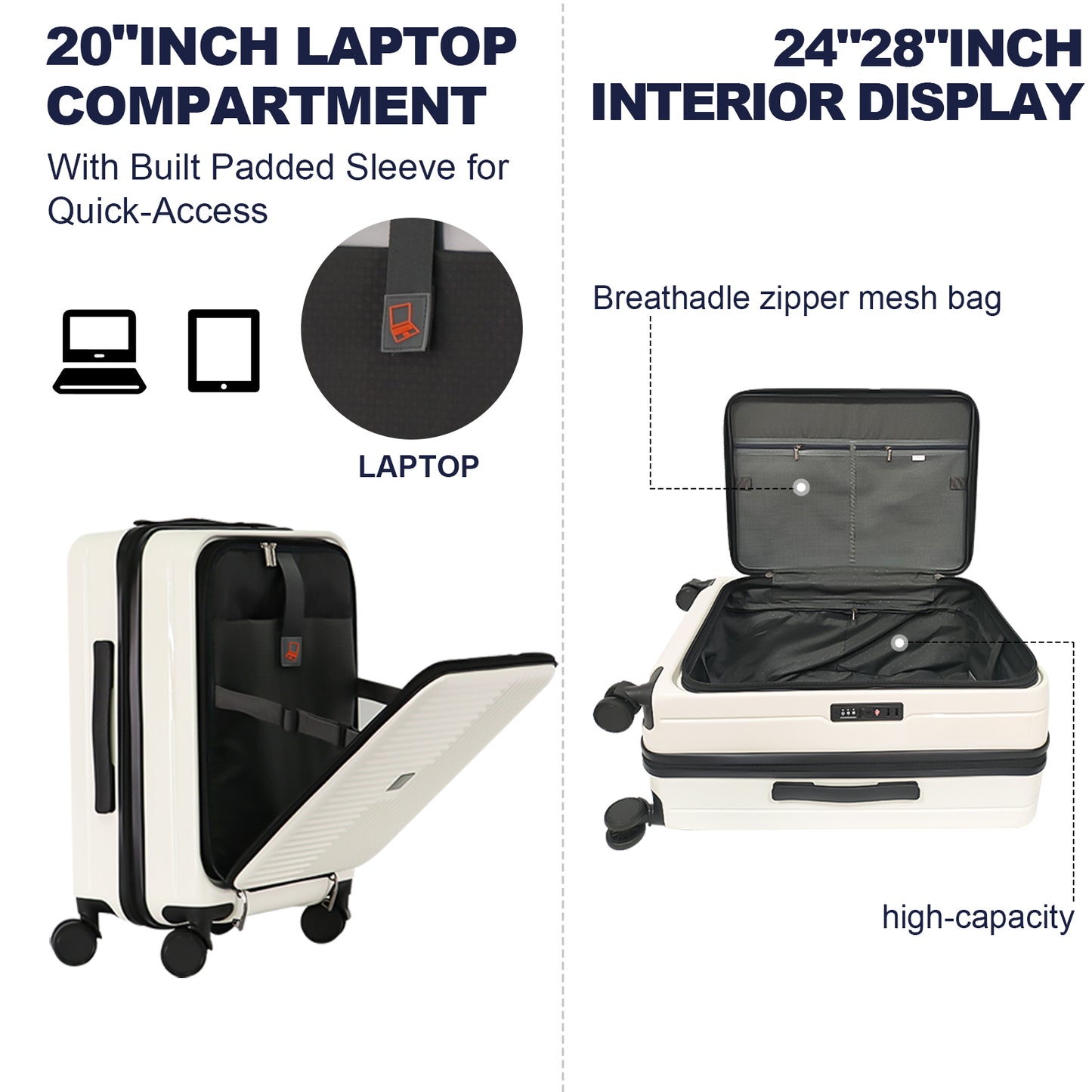 White hardshell suitcase with a padded inch laptop compartment and quickaccess sleeve