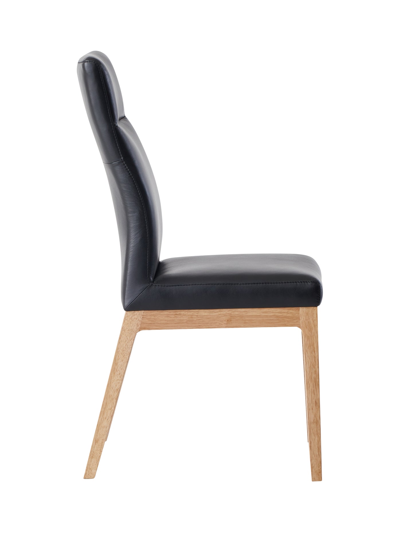 Black faux leather dining chair with natural wood legs