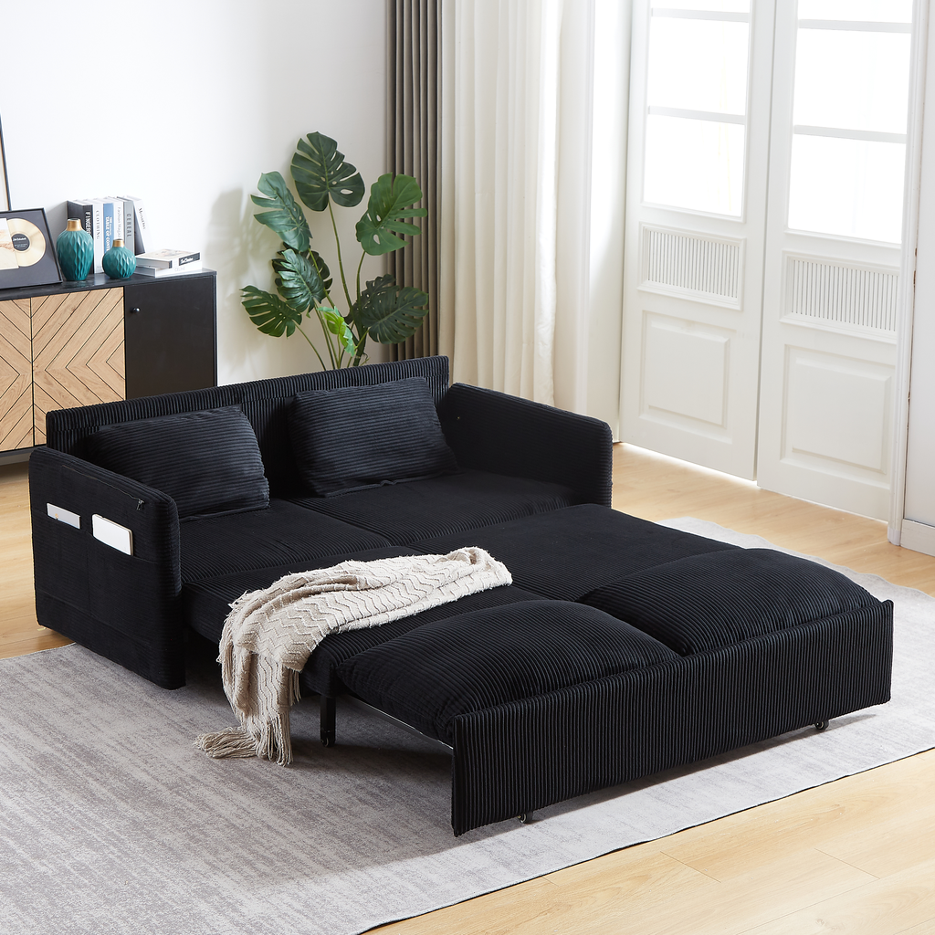 Black corduroy sofa bed with pullout chaise and storage pockets contemporary design