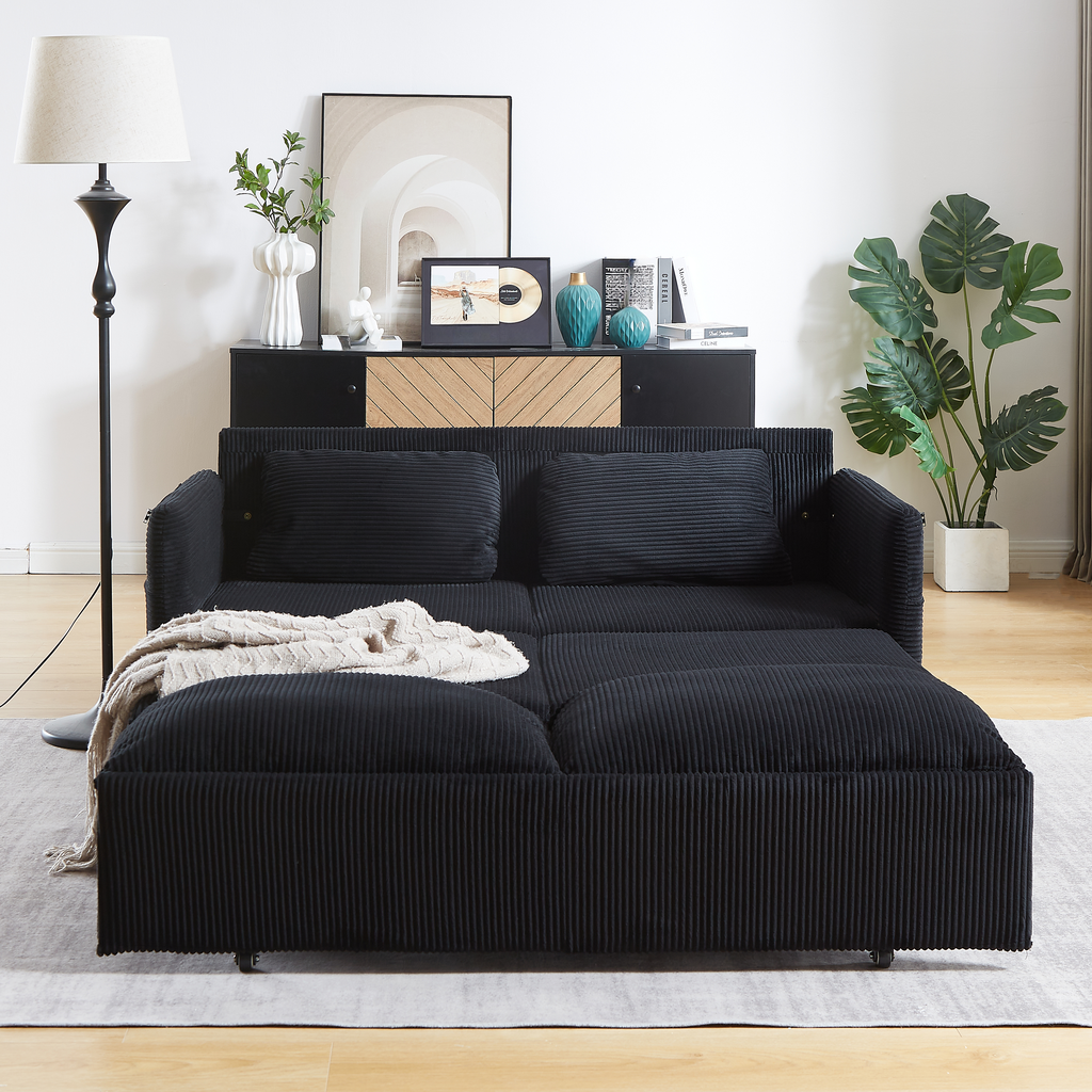 Black corduroy sofa bed with plush throw perfect for small apartments