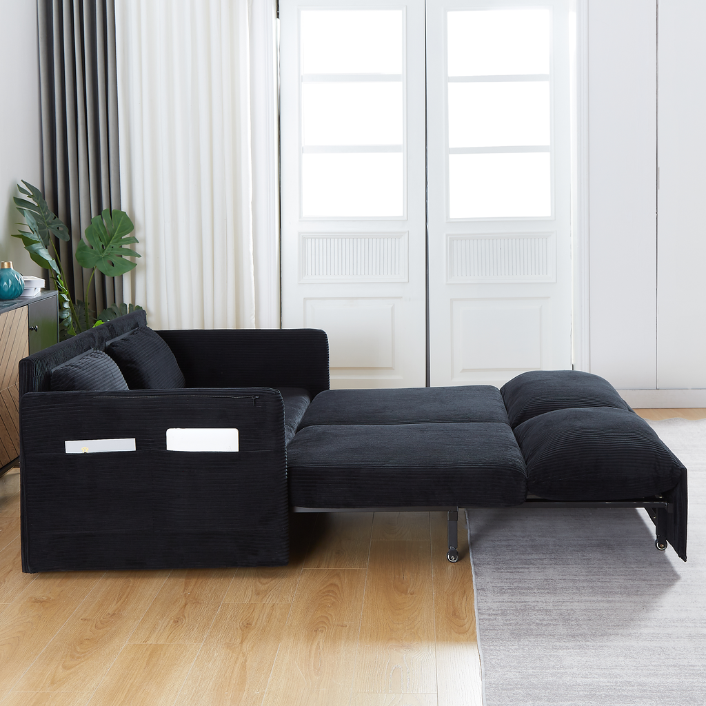 Black corduroy convertible sofa bed with storage pockets ideal for small spaces