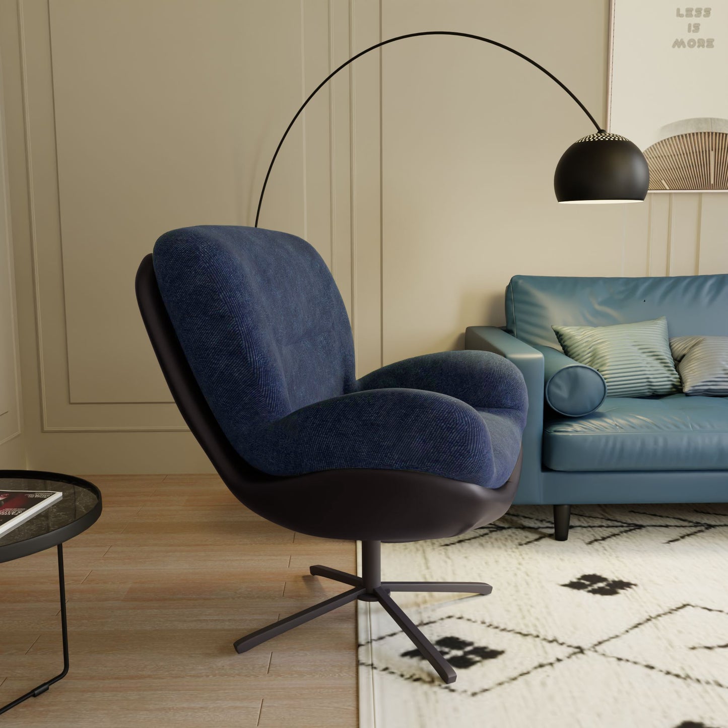 Modern blue upholstered swivel accent chair with dark base in a contemporary living room