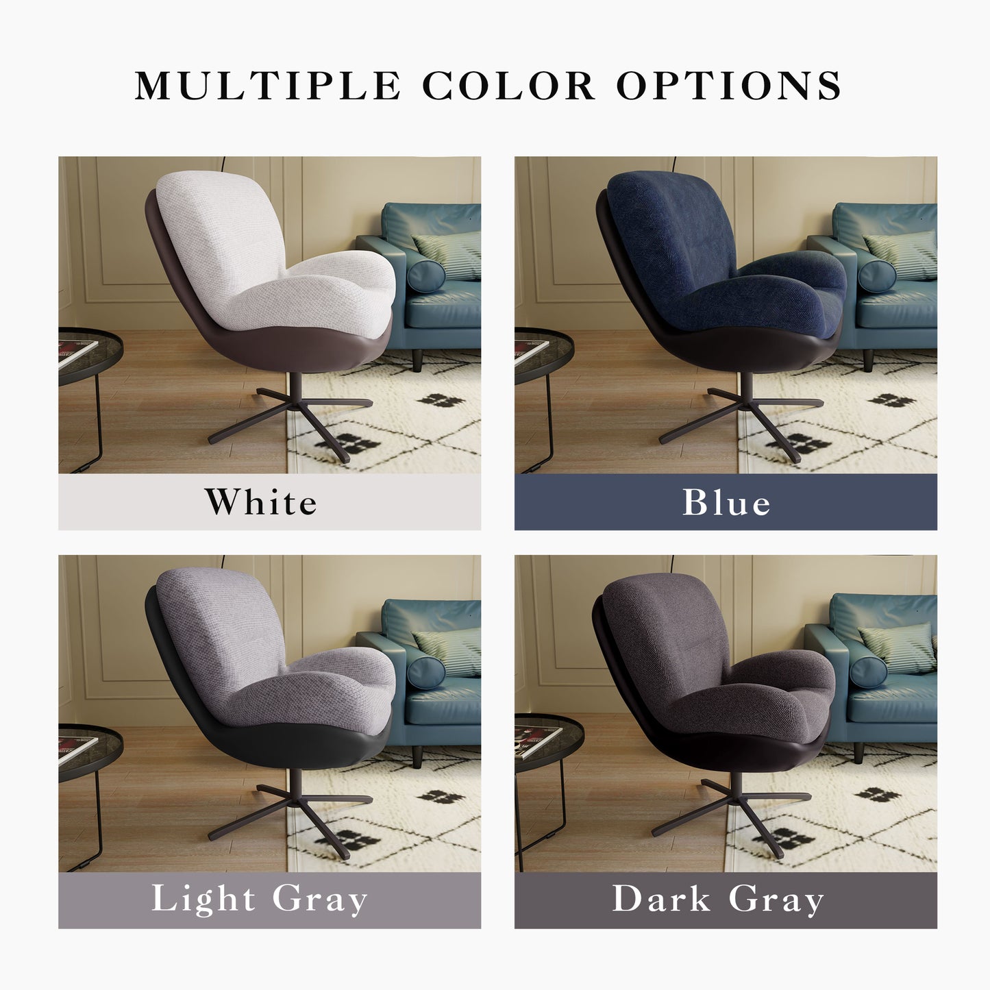 Modern swivel accent chair in textured white fabric with dark brown base