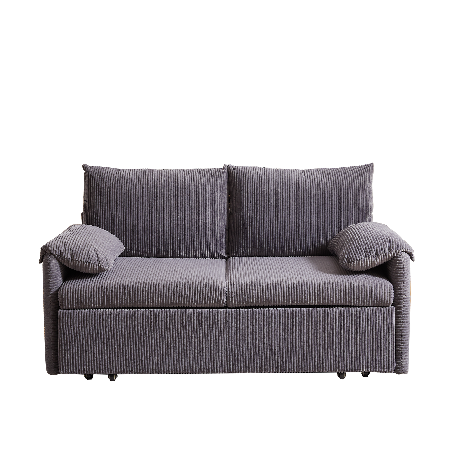 Grey corduroy sofa with two plush seat cushions and two back pillows