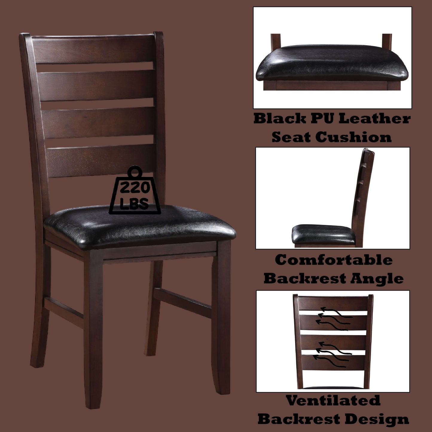 Dark wood dining chair with black PU leather seat