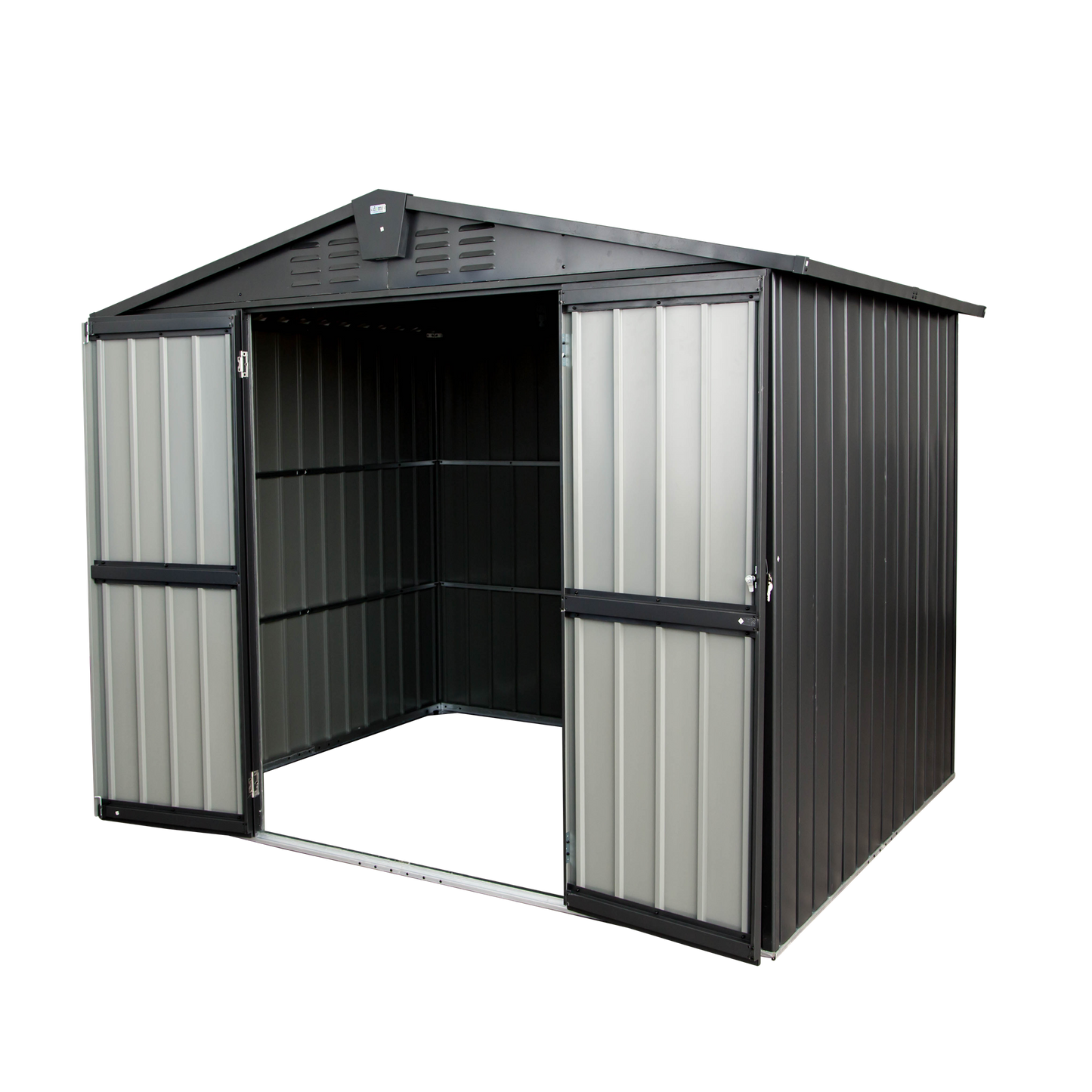 Gray metal garden shed with double doors ideal for outdoor storage